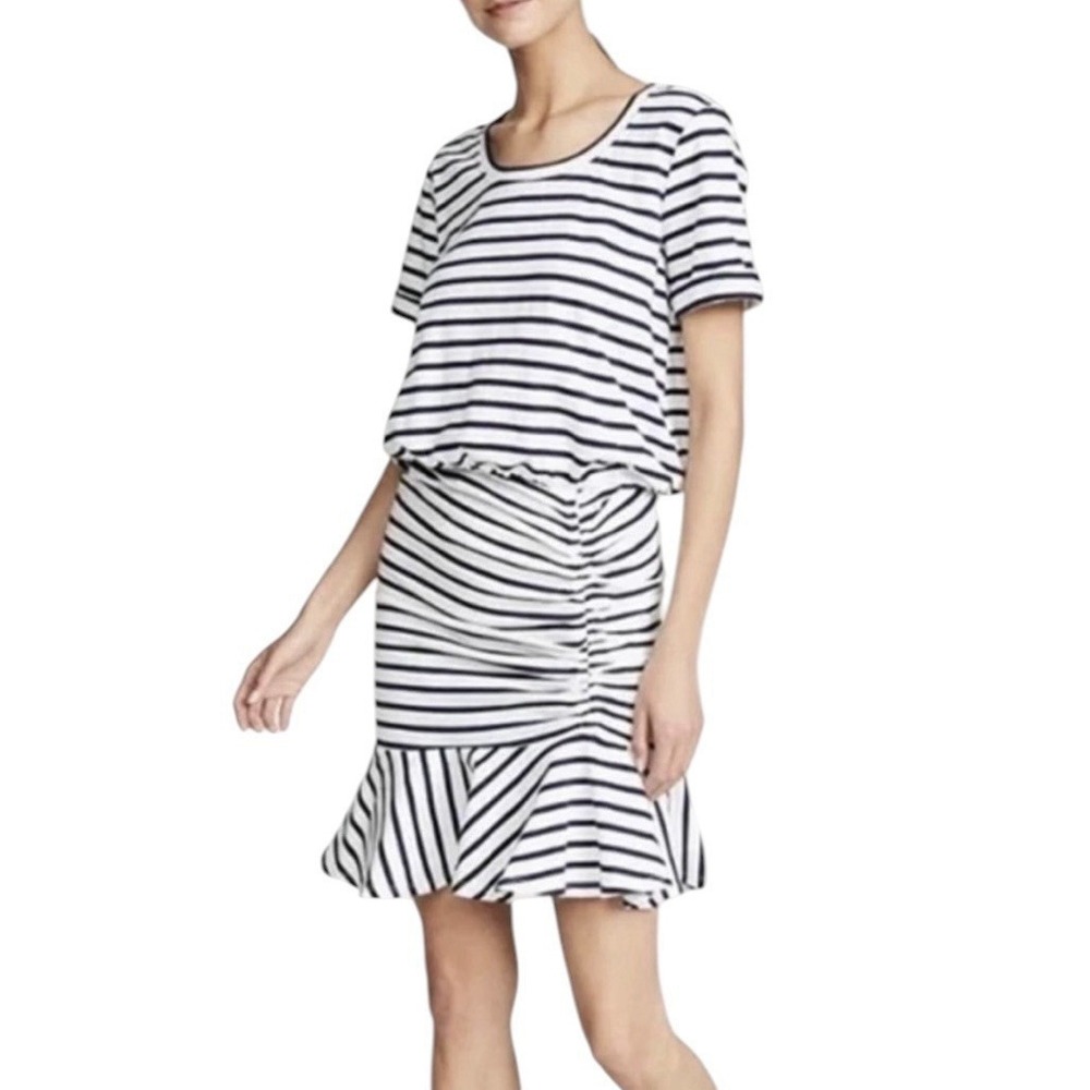 Veronica Beard Jeans Dress Women's Small Pima Striped Ruched Flounce Hem Navy